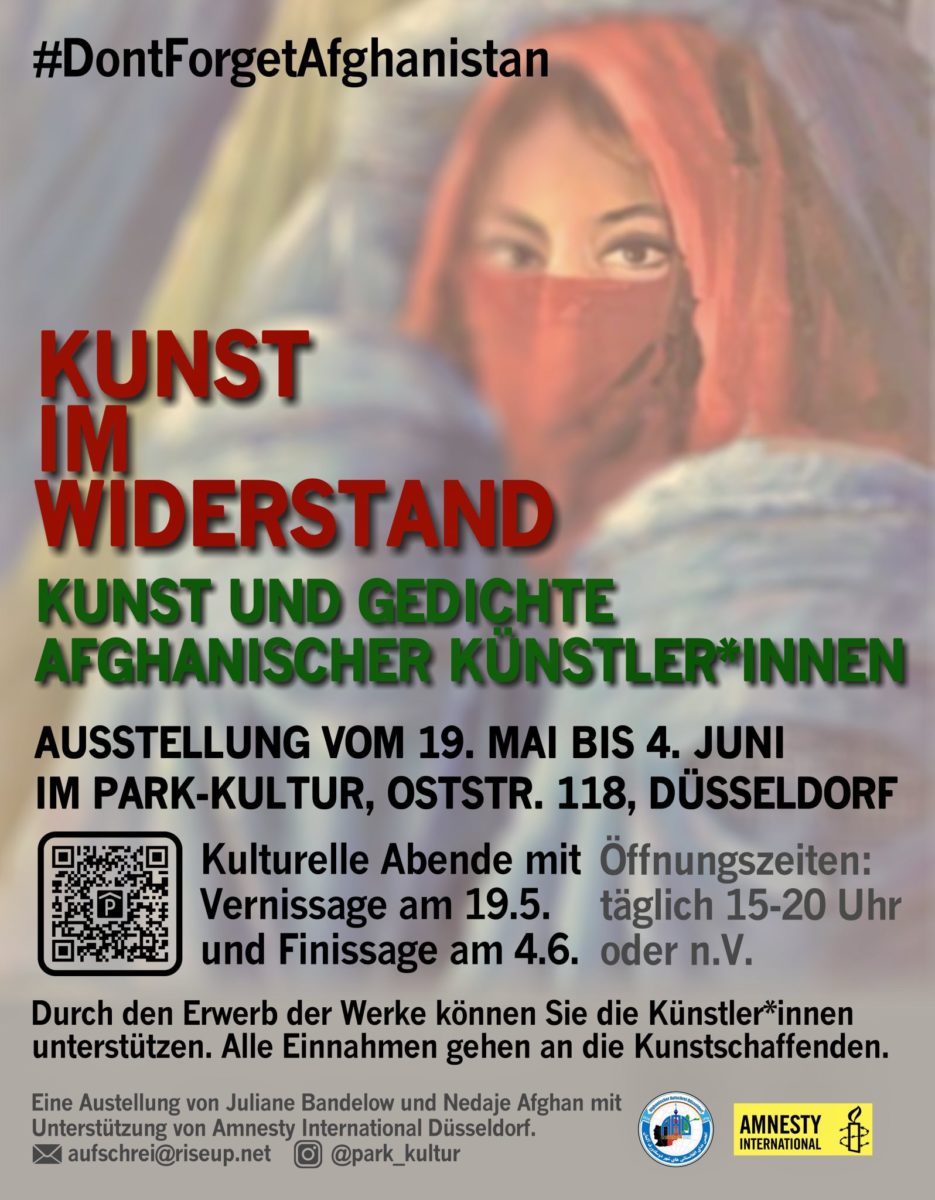 Flyer "Kunst im Widerstand". Kunst und Gedichte afghanischer Künstler*innen